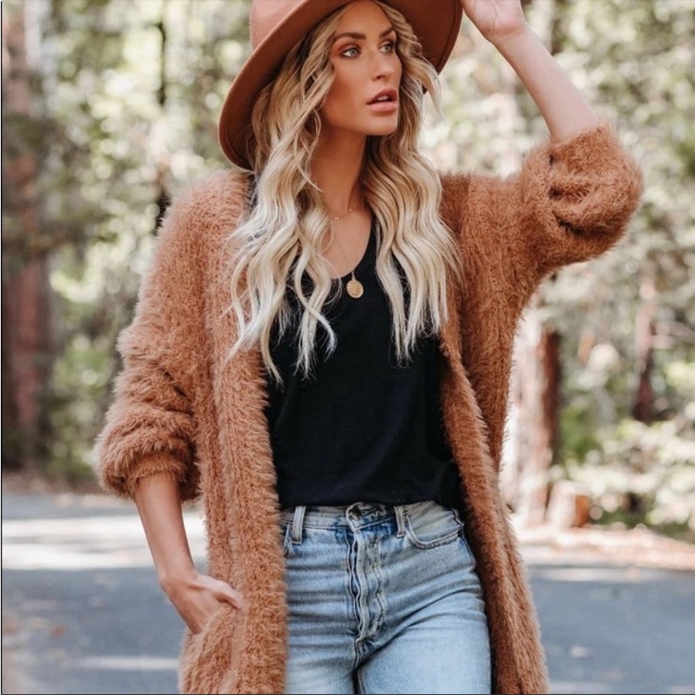 Vici super soft fuzzy brown opened front longline cardigan